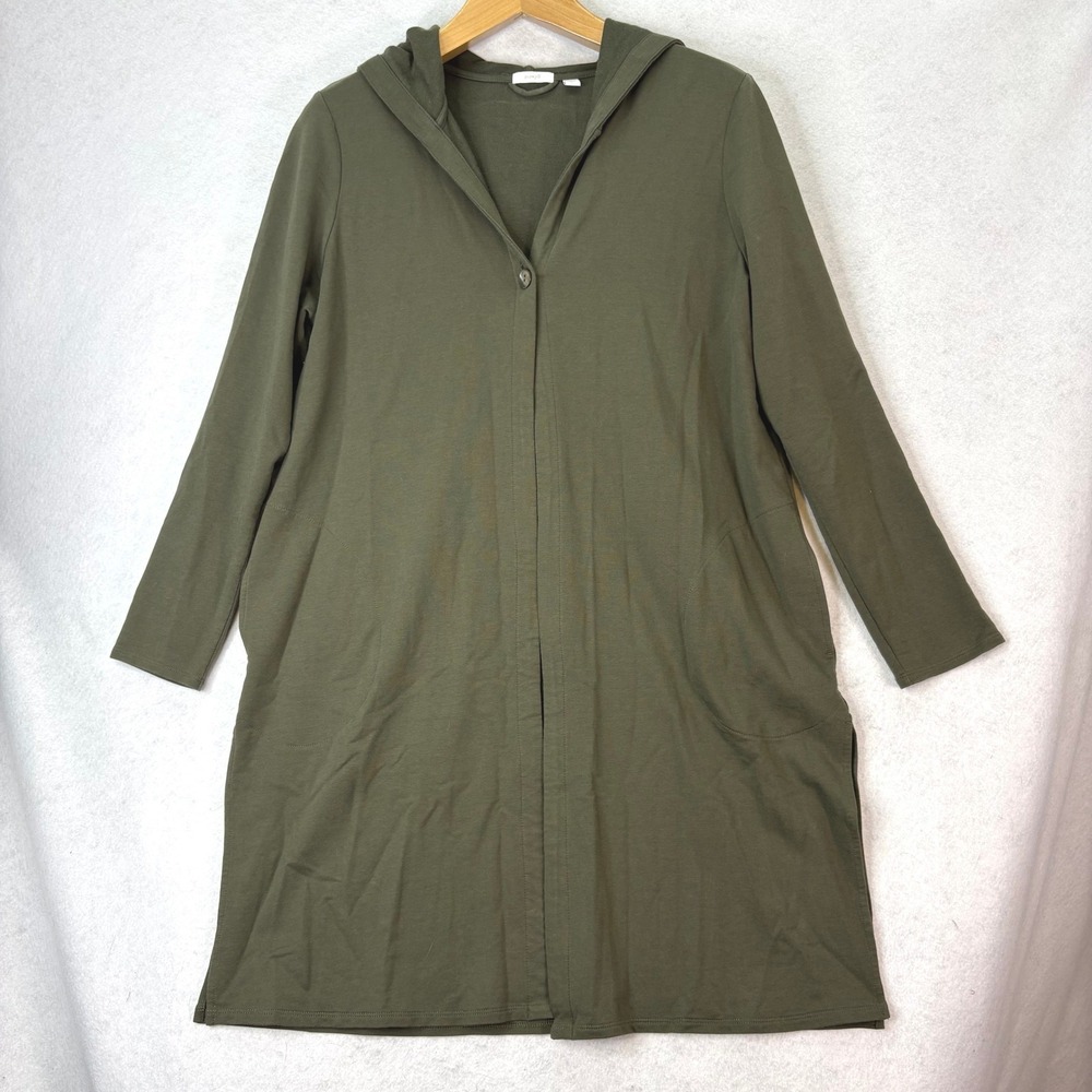 Pure Jill Olive Green Hooded Longline Cardigan Women L Minimalist Lagenlook Cozy